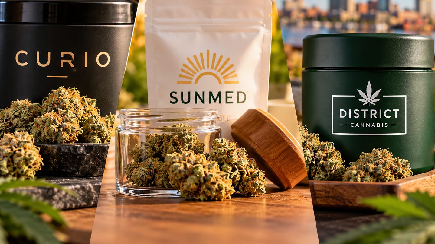 Cannabis flower jars and branded packaging on wooden table with city skyline
