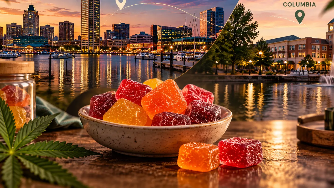 Colorful cannabis gummies in bowl with Baltimore and Columbia skyline backdrop